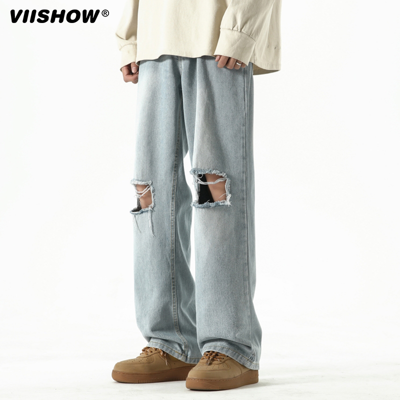 VIISHOW挖洞牛仔裤男美式潮牌设计感直筒休闲裤垂感宽松拖地裤子