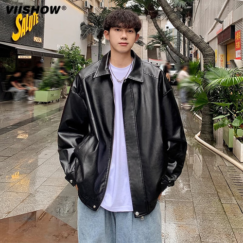 VIISHOW皮衣外套男春秋季高级感宽松百搭简约纯色青少年休闲夹克