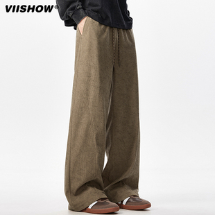 VIISHOW美拉德复古暗纹斜切卫裤男秋季美式高街微喇裤直筒休闲裤