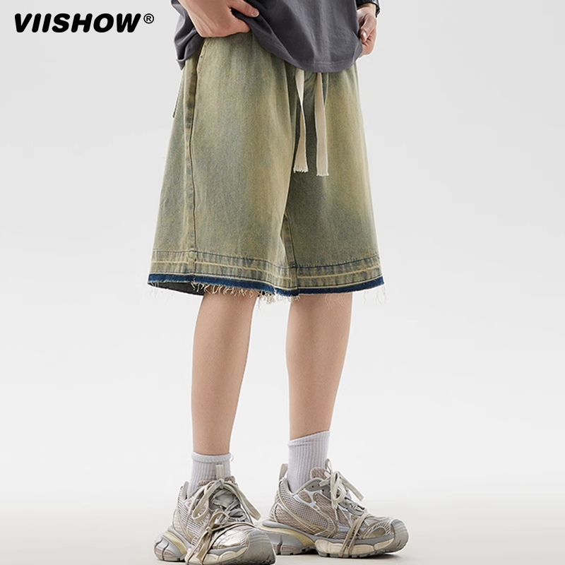 VIISHOW美式复古做旧水洗牛仔短裤男流苏夏季新款宽松直筒五分裤