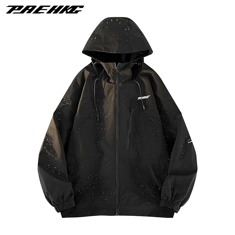 PRESSURE纯色字母印花拉链防风连帽潮牌休闲宽松冲锋夹克外套情侣