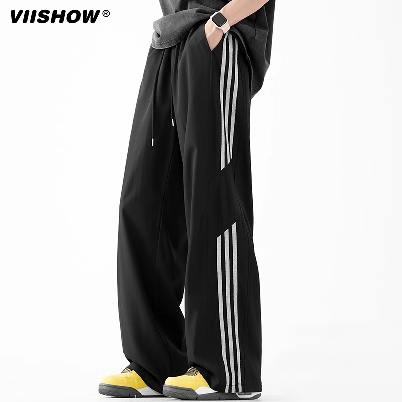 VIISHOW三条杠裤子男生2025新款潮牌冰感运动裤宽松直筒休闲长裤
