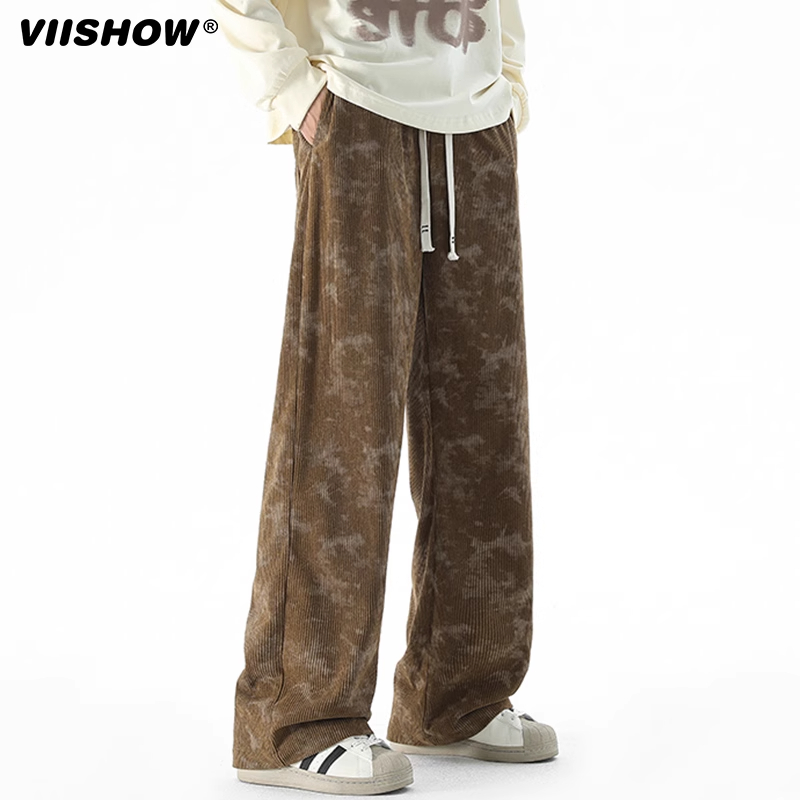 VISHOW美式复古灯芯绒裤子男秋款扎染垂感潮牌炸街宽松直筒长裤子