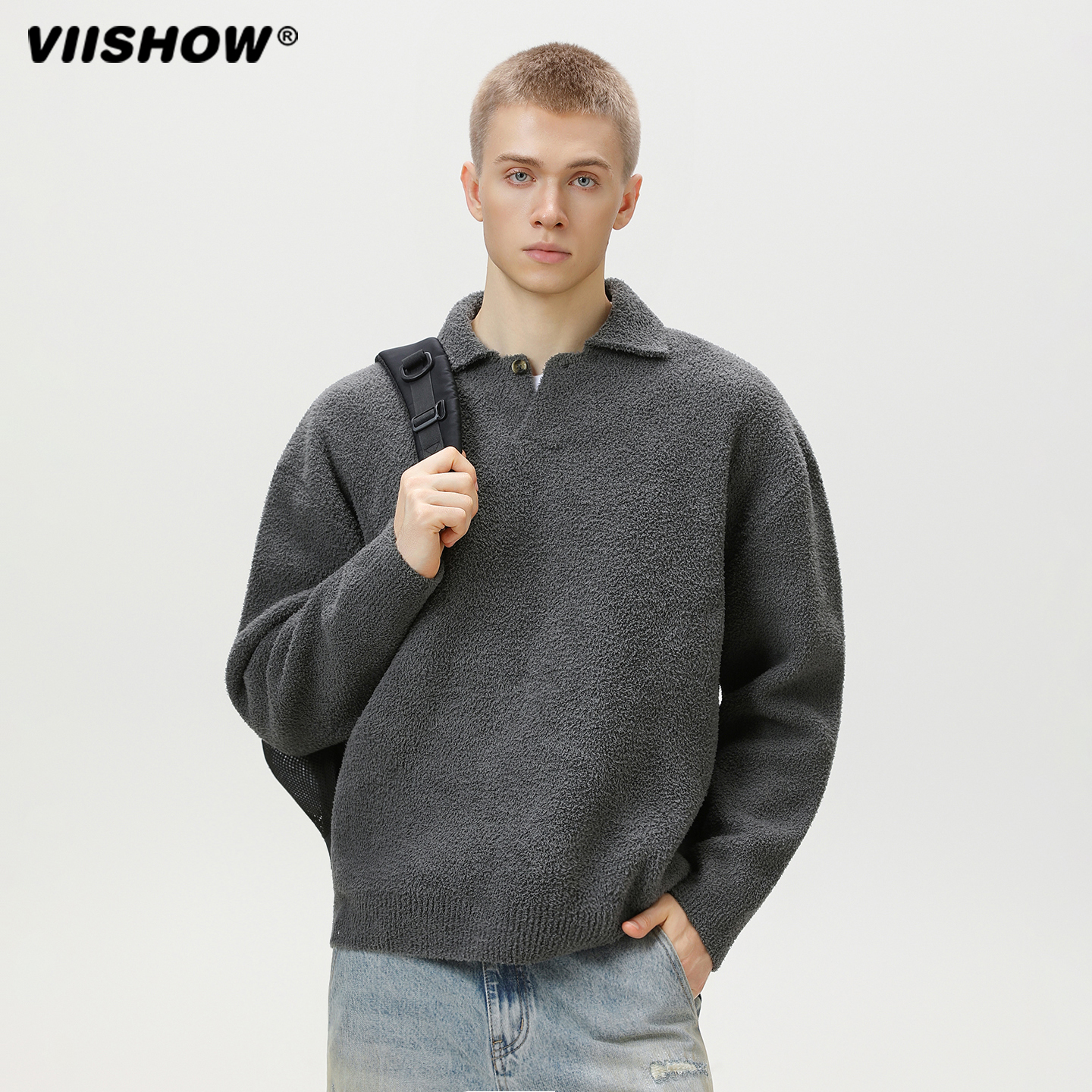 VIISHOW翻领POLO毛衣男秋2025新款老钱风加厚仿貂毛绒针织衫外套