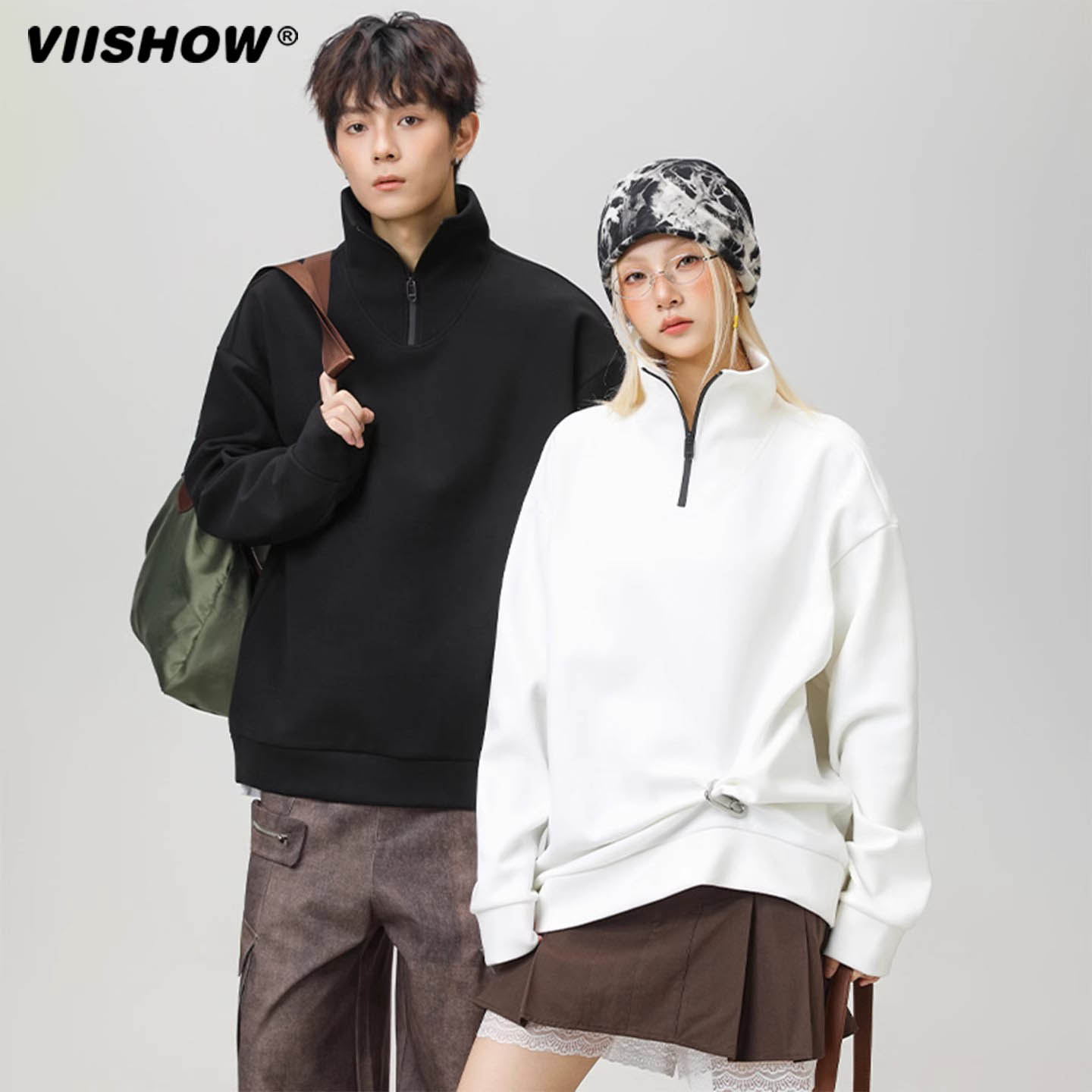 VIISHOW德绒半拉链立领卫衣男女复古打底衫休闲宽松无帽套头上衣