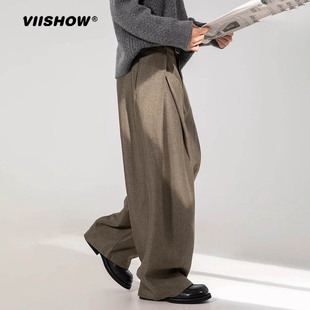 VIISHOW老钱风灰褐色休闲裤子男士宽松百搭垂感直筒阔腿长裤