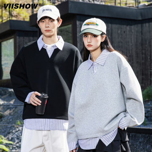 VIISHOW日系假两件POLO衫卫衣男夏季潮牌高街复古内搭打底上衣