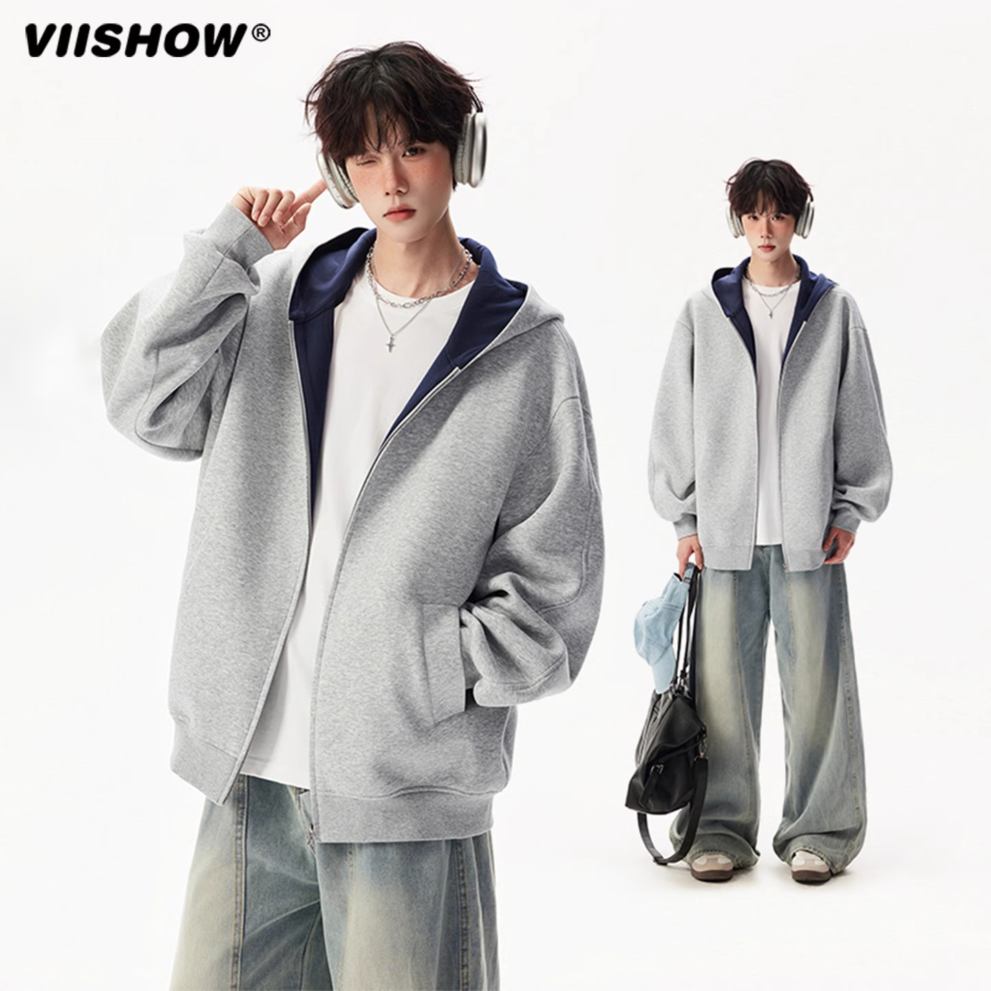 VIISHOW重磅潮牌百搭卫衣男秋美式情侣连帽vibe高街撞色休闲外套