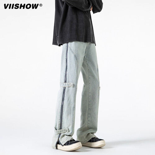 VIISHOW美式高街休闲牛仔裤子男士春秋季侧边拉链宽松百搭阔腿裤