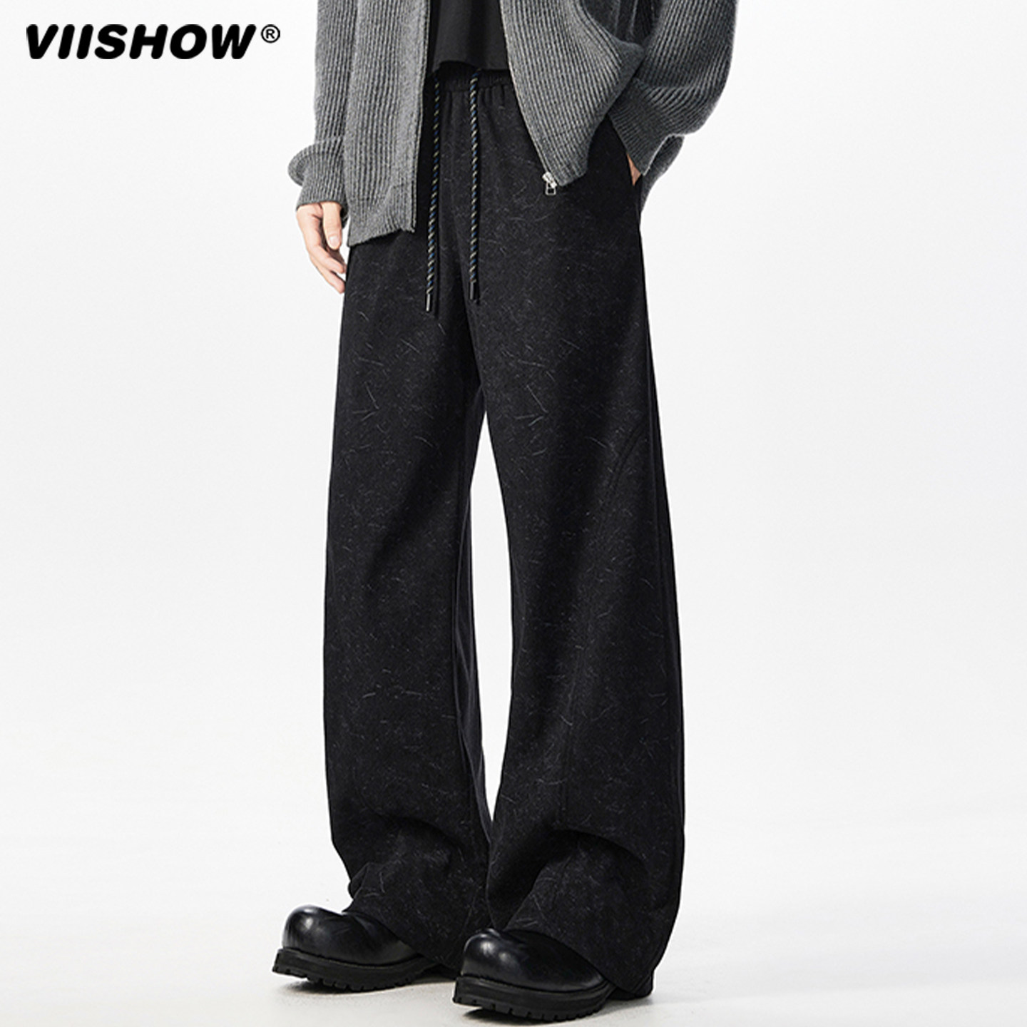 VIISHOW美拉德复古暗纹斜切卫裤男秋季美式高街微喇裤直筒休闲裤