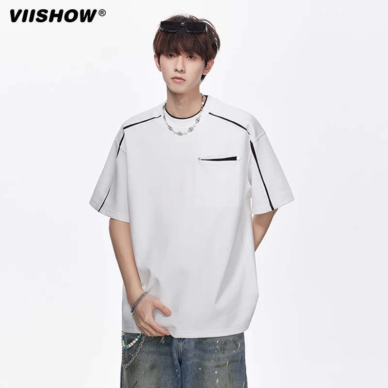 VIISHOW美式拼接设计感短袖男夏季潮cleanfit五分袖宽松百搭t恤衫