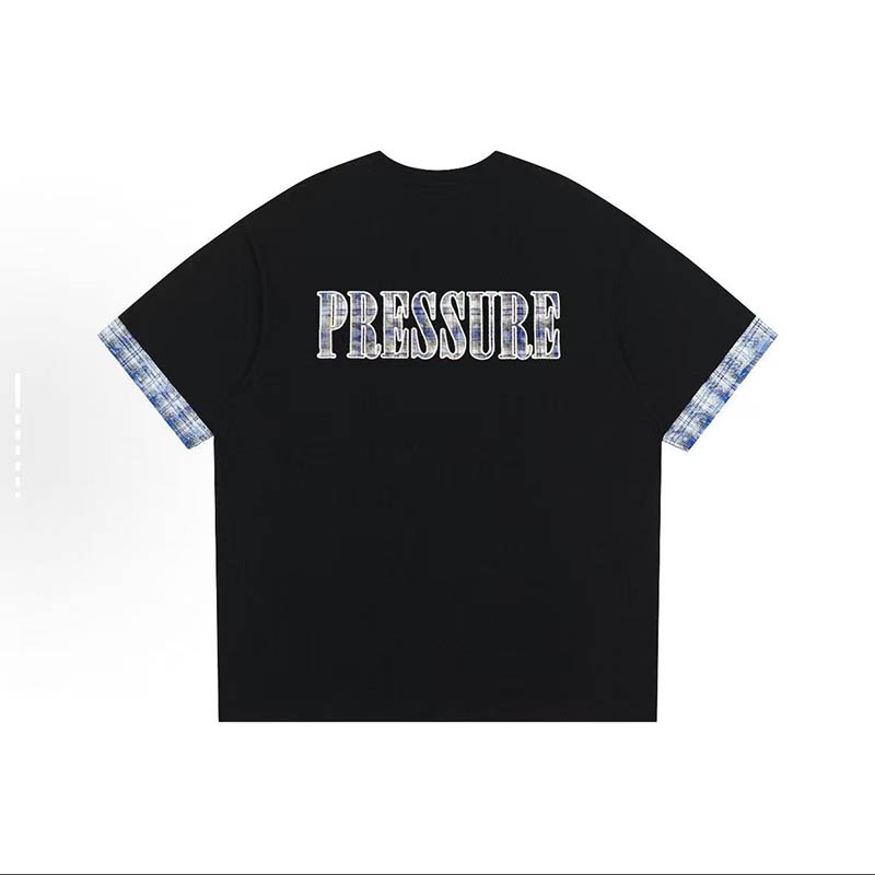 PRESSURE美式格子刺绣Logo拼接撞色休闲宽松圆领落肩短袖T恤男女