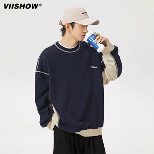 男装 VIISHOW重磅撞色圆领卫衣男高街潮牌宽松休闲复古情侣装 秋装