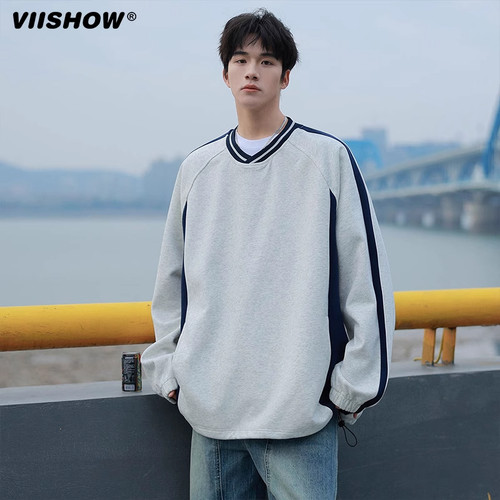 VIISHOW棒球领条纹卫衣男春秋季新款美式复古撞色宽松运动服外套