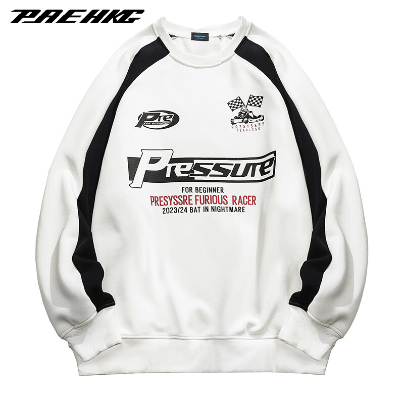 PRESSURE圆领卫衣拼接撞色美式复古赛车字母宽松休闲插肩上衣情侣