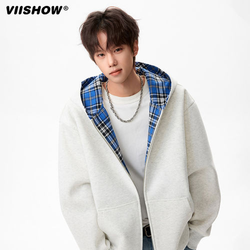 VIISHOW美式格子拼接连帽卫衣男士春季新款潮牌宽松休闲开衫外套
