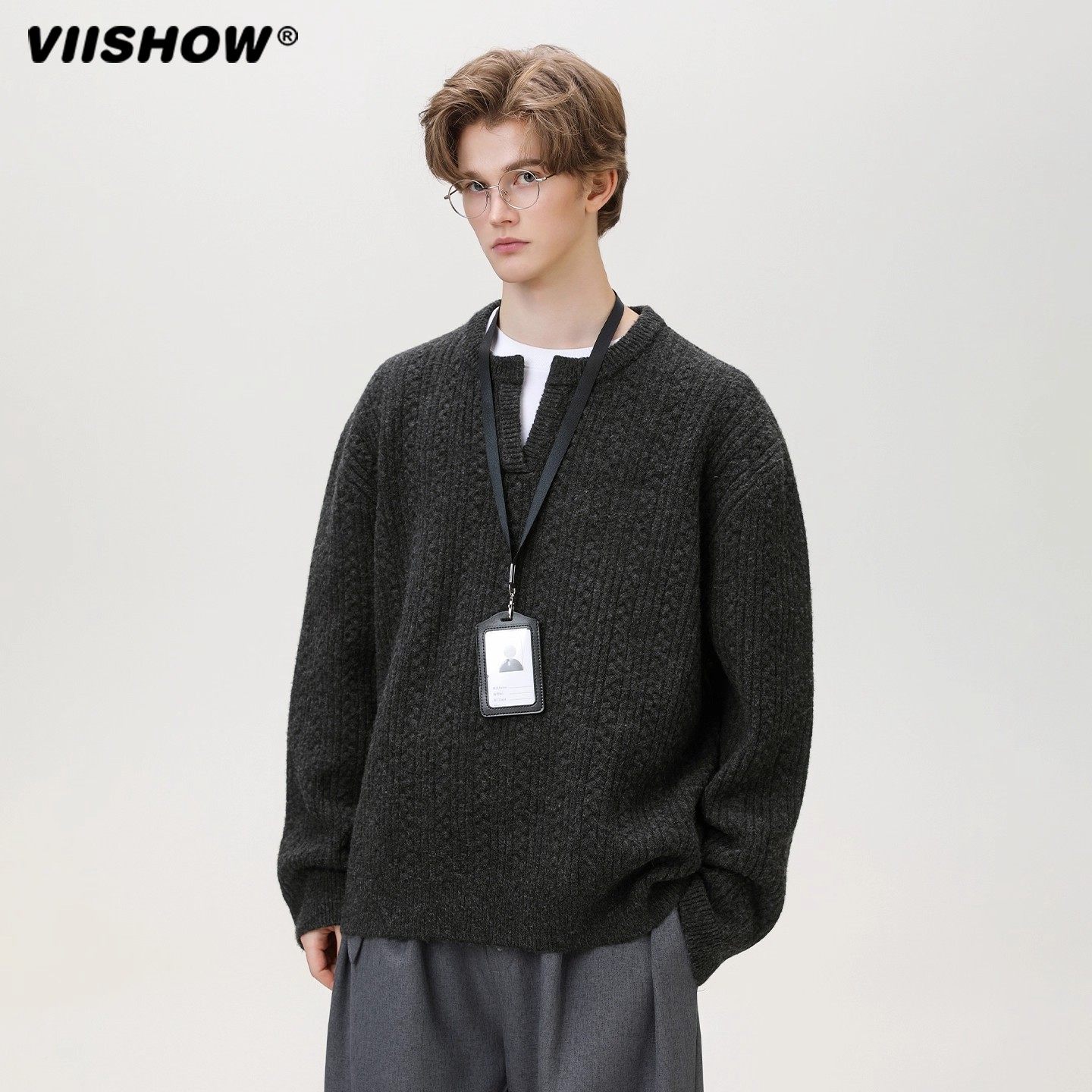 VIISHOW小v领毛衣男秋冬休闲宽松百搭复古潮牌慵懒风针织衫外套