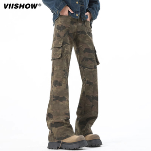 VIISHOW夏季新款美式迷彩裤潮牌工装裤男喇叭裤高挑百搭长裤子男