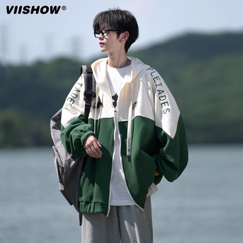 VIISHOW撞色连帽夹克男2025年春季新品潮牌宽松休闲学生运动外套