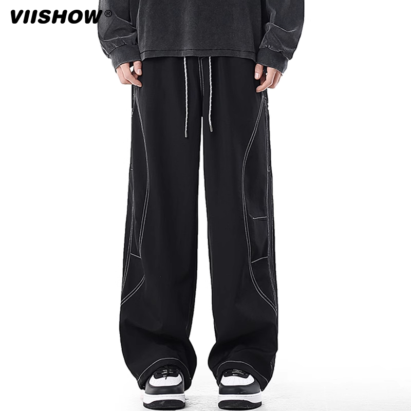 VIISHOW美式复古拼接撞色冲锋裤潮牌设计感防水宽松直筒休闲裤男