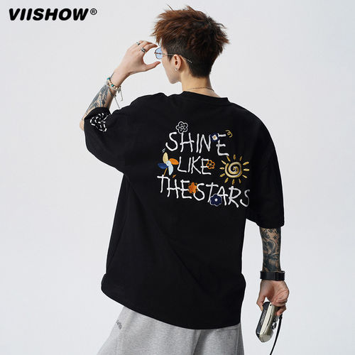 VIISHOW字母花卉刺绣短袖男夏季重磅潮牌圆领T恤复古宽松半袖体恤