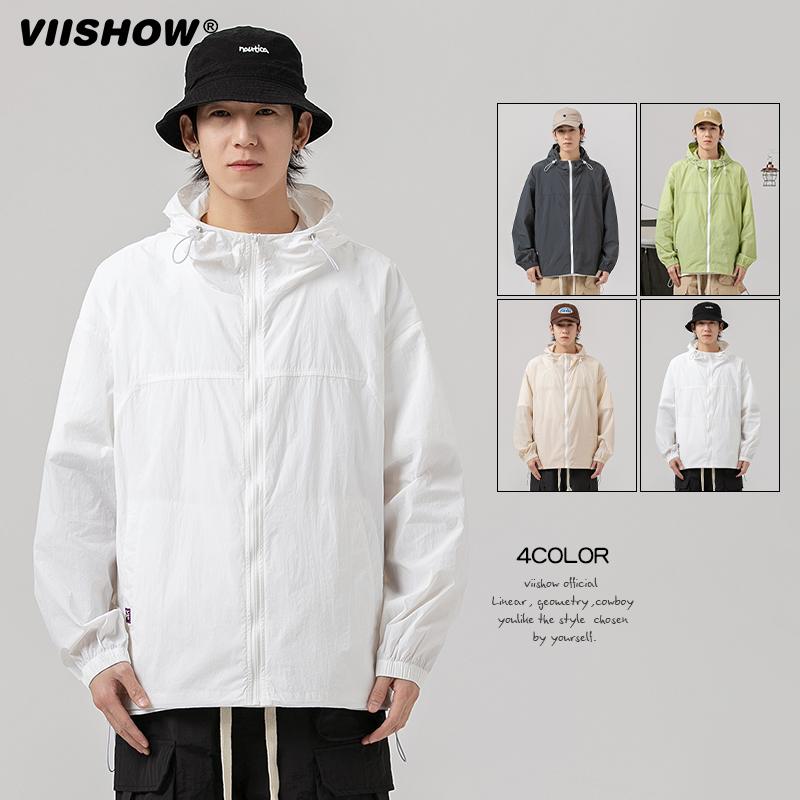 VIISHOW夏季纯色特薄防晒衣夹克男加日系潮牌连帽宽松外套防晒服