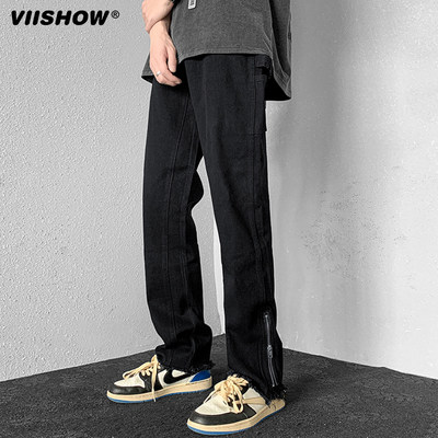 VISHOW牛仔裤男春季美式拉链设计感复古潮牌直筒阔腿休闲长裤子