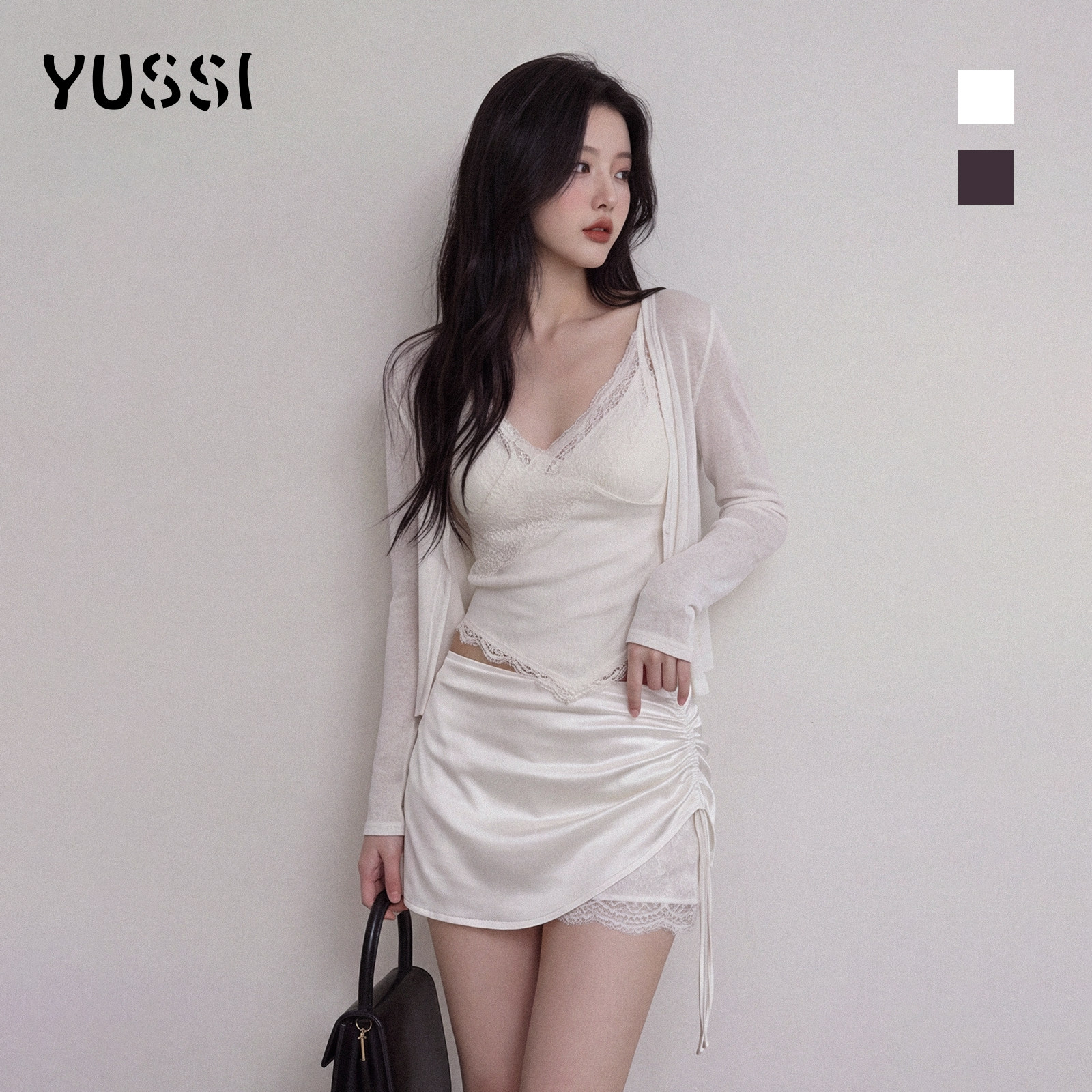 YUSSI云汐知柔蕾丝拼接修身吊带背心女夏季新款搭配缎面高腰半裙图片