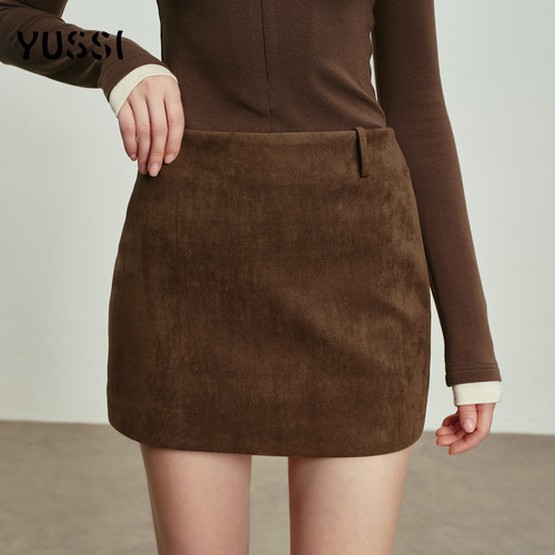 YUSSI轻奢麂皮绒A字短裙女秋冬打底短裙复古百搭高腰显瘦半身裙