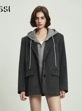 YUSSI高级感灰色西装呢子大衣女秋冬假两件连帽毛呢短款外套