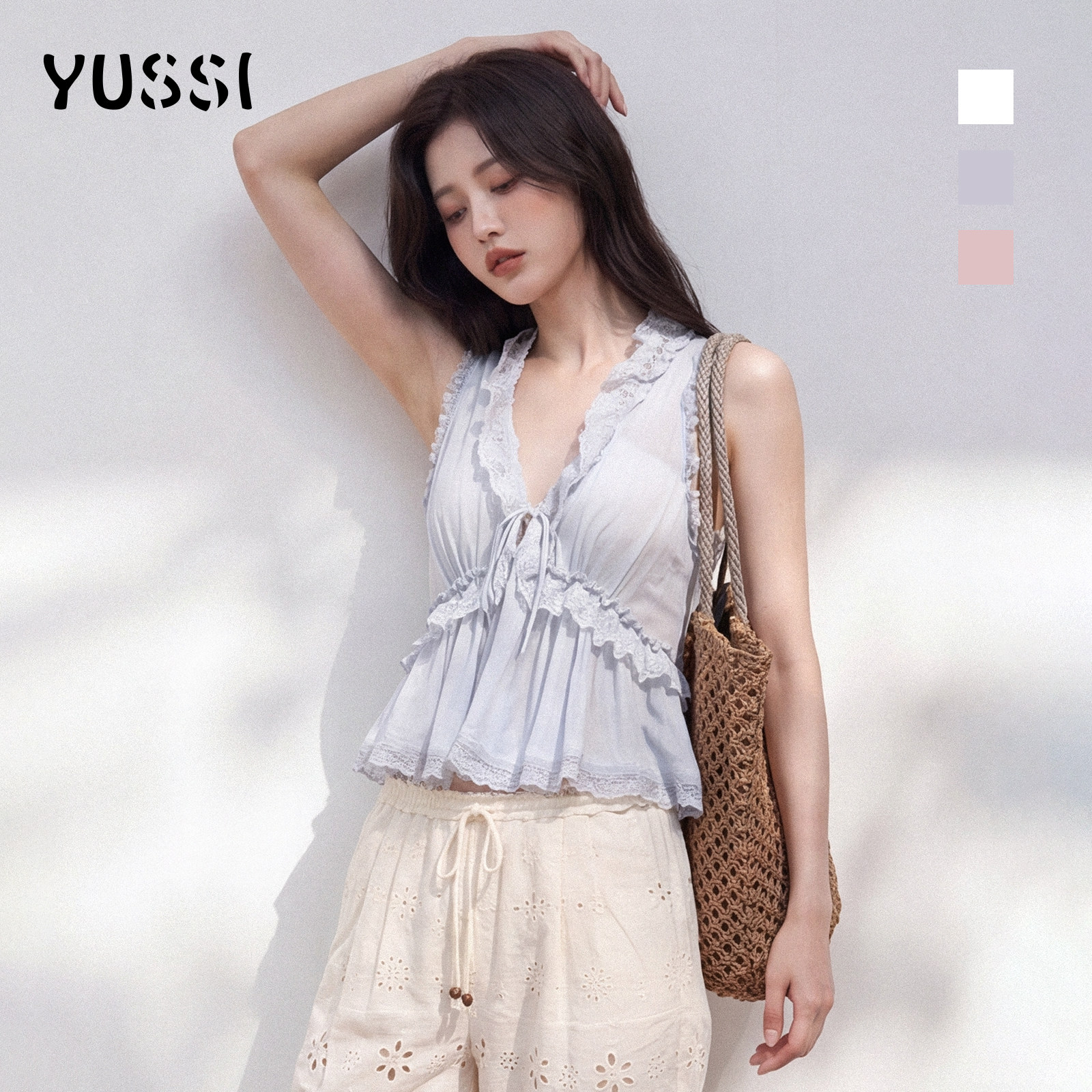 YUSSI荷叶边碎褶皱设计感V领无袖t恤上衣女夏季抽绳蕾丝花边小衫图片