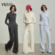 两件套 女秋冬立领纯色开衫 德绒套装 上衣休闲长裤 YUSSI米色时尚