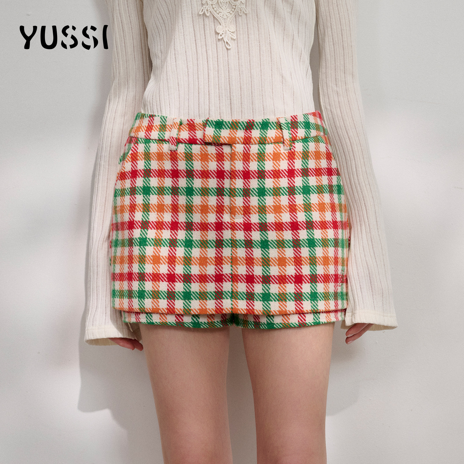 YUSSI假两件彩色羊毛格纹裤裙秋冬刺绣高腰a字短裙保暖毛呢半身裙,女装/女士精品,裙裤,淘宝优惠券,粉丝福利购,淘宝优惠卷