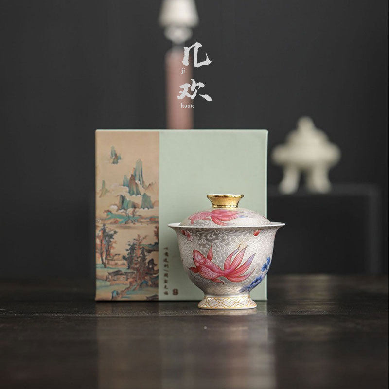 几欢珐琅彩掐丝鱼戏莲花二才盖碗茶杯高档陶瓷泡茶器家用功夫茶具