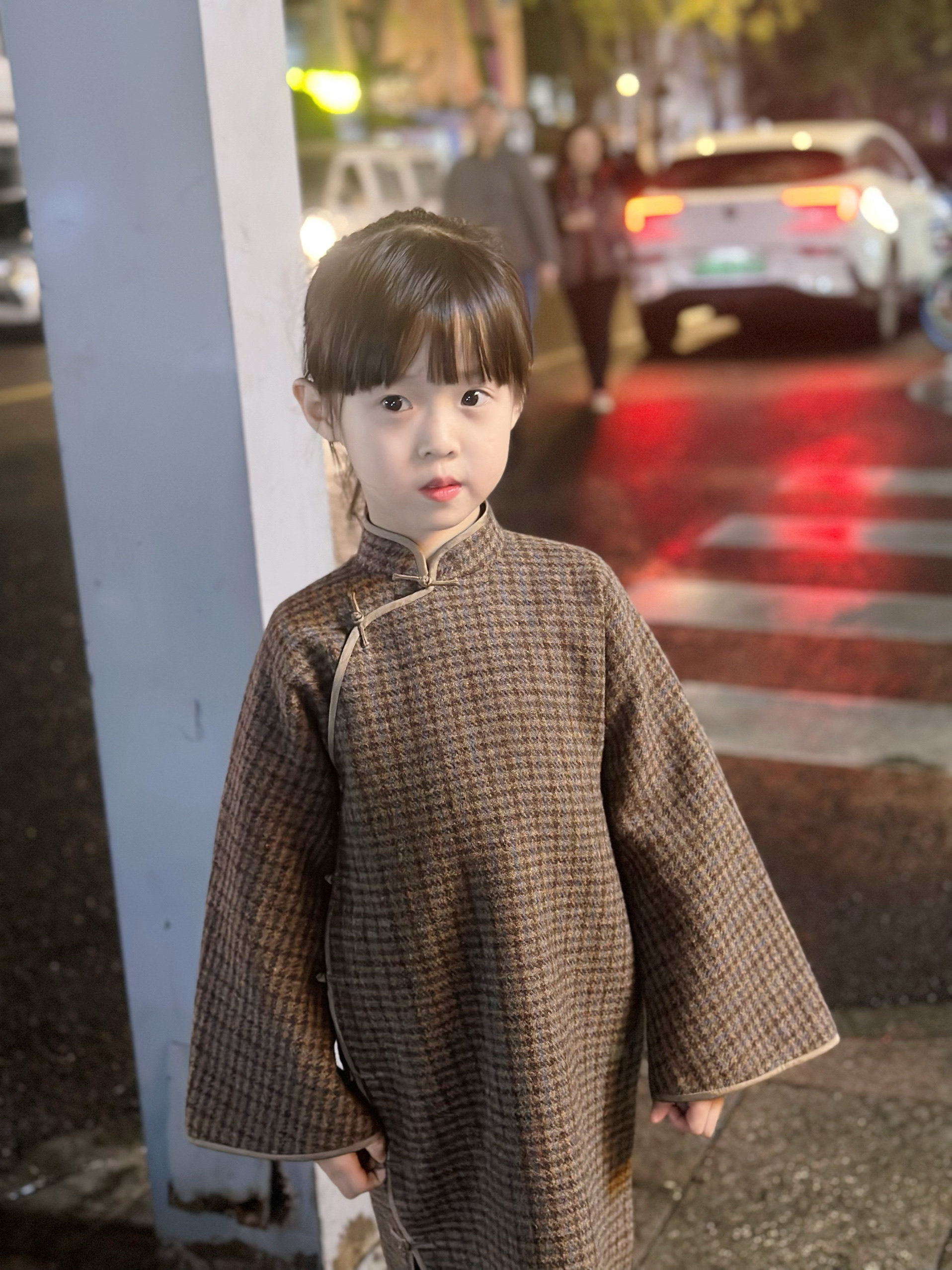 民国风复古加厚格子儿童秋冬平裁后插肩旗袍女童盘扣中长款袍子
