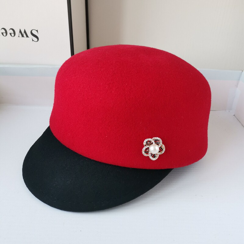 个性黑红撞色羊毛呢马术帽女士优雅毛毡小礼帽时尚百搭短檐鸭舌帽
