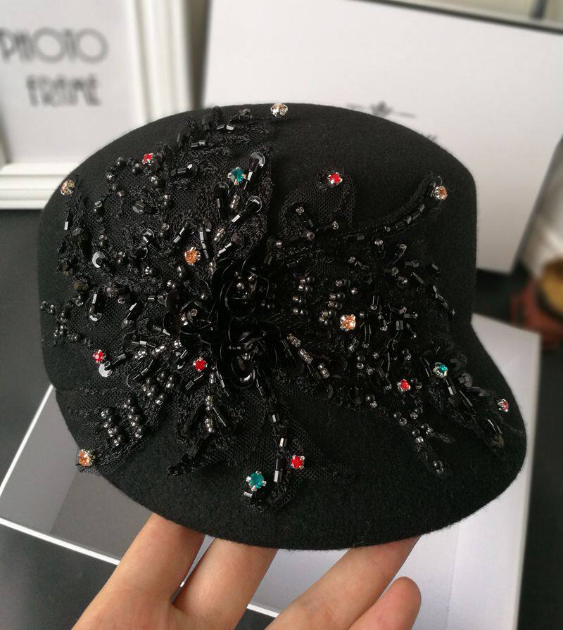 秋冬羊毛缝珠水钻马术帽女黑色花朵毛毡小礼帽优雅鸭舌帽贝蕾帽子