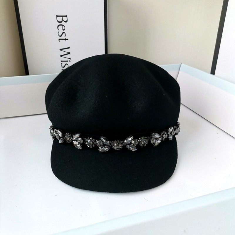 圆脸洋气帽子女秋冬时尚水钻鸭舌帽韩版大头围羊毛呢八角帽显脸瘦