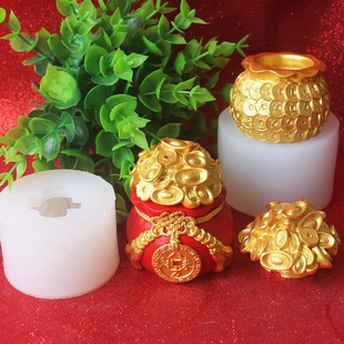 钱袋聚宝盆铜钱罐捏捏模具元宝金币钱堆石膏翻糖硅胶模具