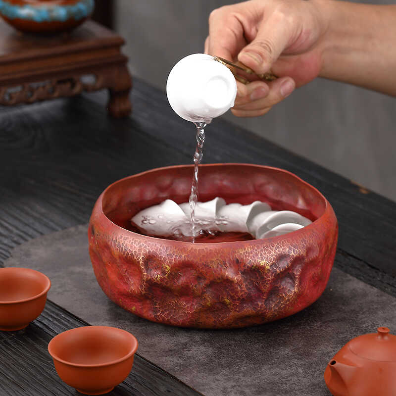 大号紫铜手工锤纹建水家用茶洗