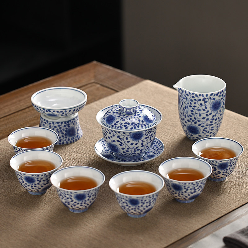 青花彤功夫茶具套装盖碗茶杯整套