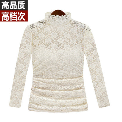欧美大码春夏秋冬女士立领修身蕾丝打底衫高领长袖镂空上衣配吊带