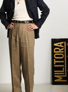 Militora841高腰阔腿直筒复古老钱风100%亚麻透气休闲双褶长裤男