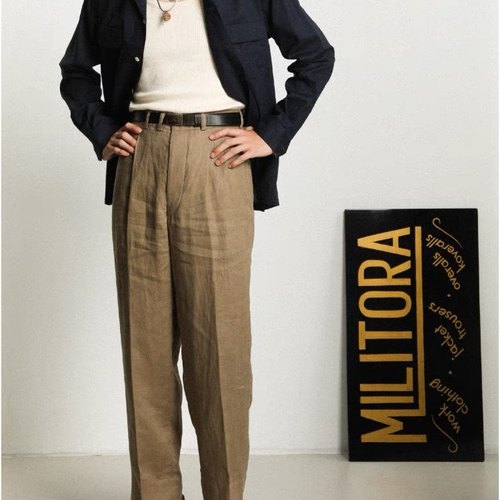 Militora841高腰阔腿直筒复古老钱风100%亚麻透气休闲双褶长裤男