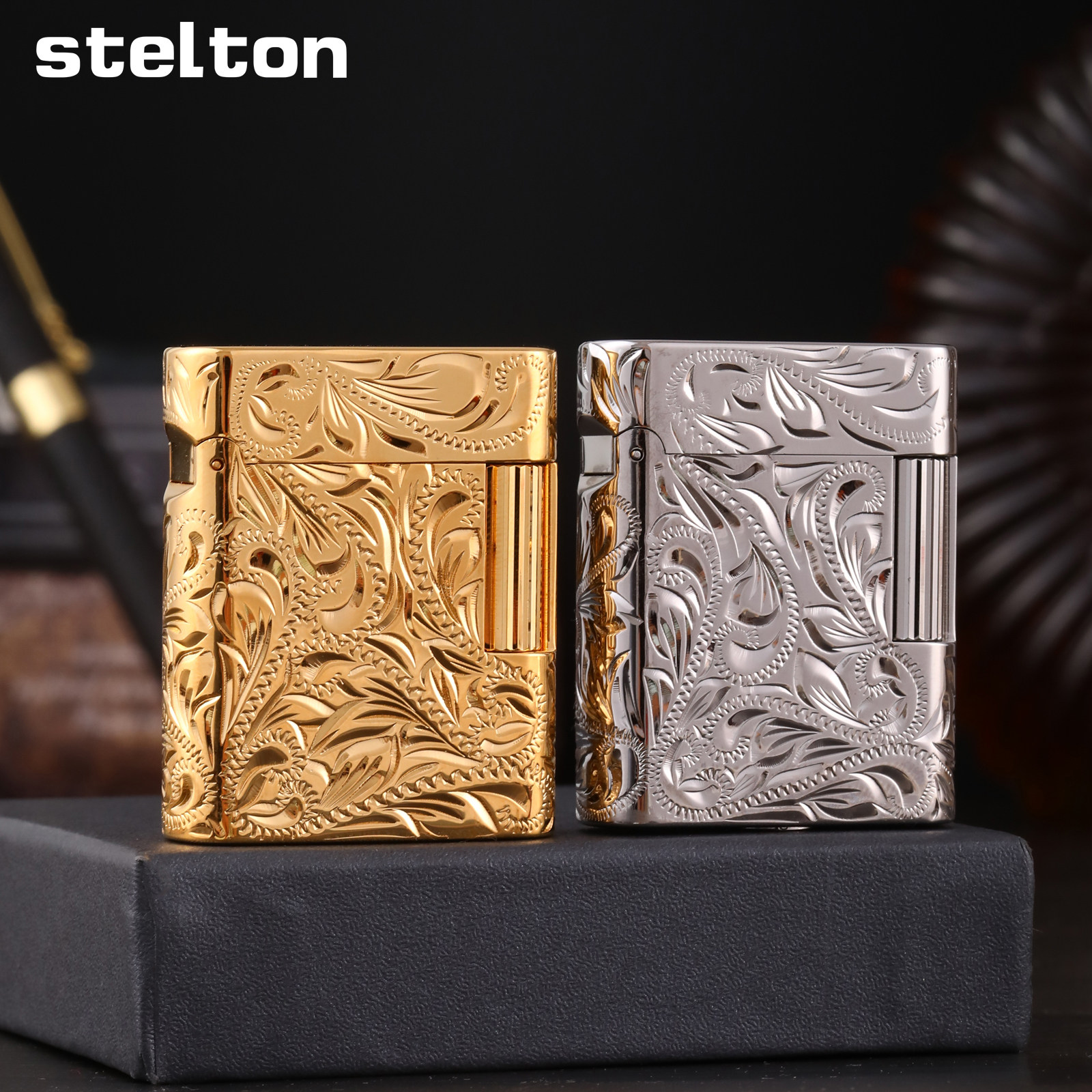 Stelton斯特腾黄铜雕刻富贵花充气砂轮打火机锉轮式高档大气送礼