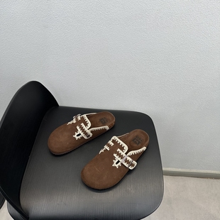 2025年新款时尚百搭皮带扣舒适休闲真皮包头半拖鞋外穿防滑勃肯鞋