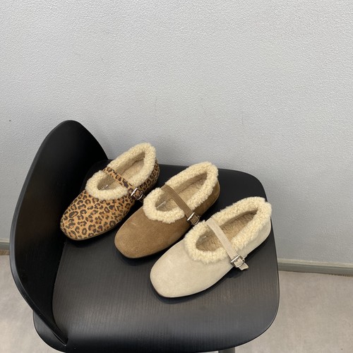 舒适百搭豹纹真皮加绒一字带女鞋