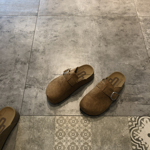 时尚磨砂皮带扣厚底包头半拖鞋