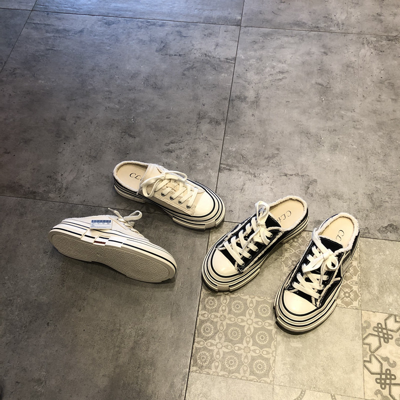 拖鞋女款夏天新品韩版时尚网红潮鞋帆布面包头系带休闲半拖鞋板鞋