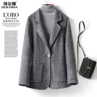 气质格纹加大码 修身 小个子2026春双面呢大衣 外套女短款 羊毛呢西装